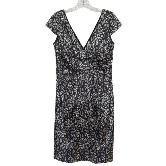 Maggy London size 8 black white floral Dress V-Front V-Back Empire waist - Picture 2 of 13